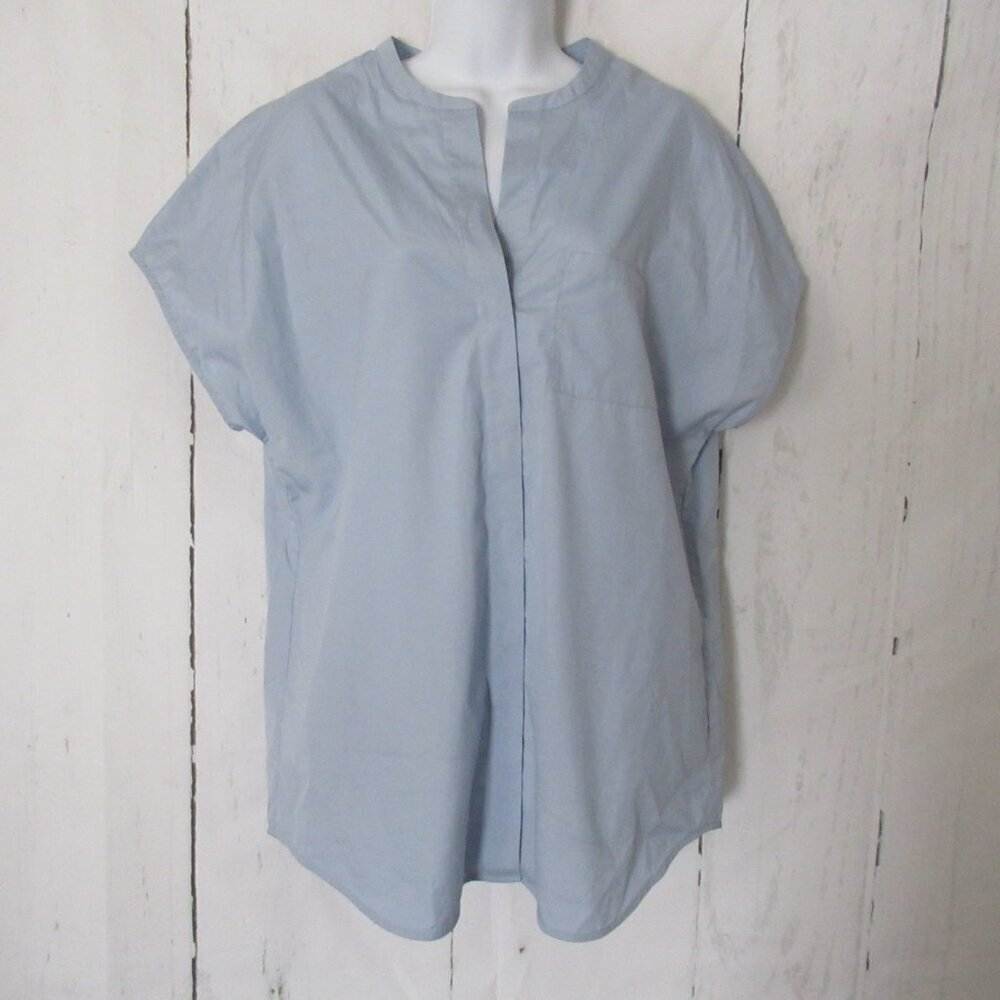Vince Top M Medium Blue Oversized Boxy Cap Sleeve Button Up 100% Cotton